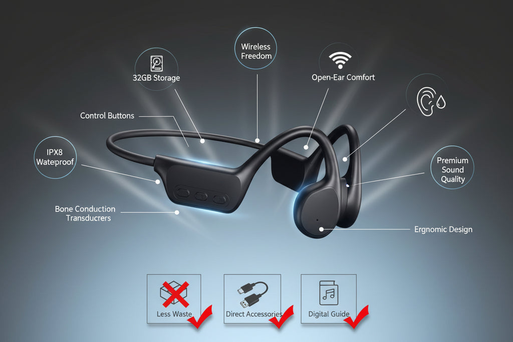 Bone Conduction Earphones Bluetooth Wireless IPX8 Waterproof MP3 Player Hifi Ear-Hook Headphone with Mic Headset for Swimming