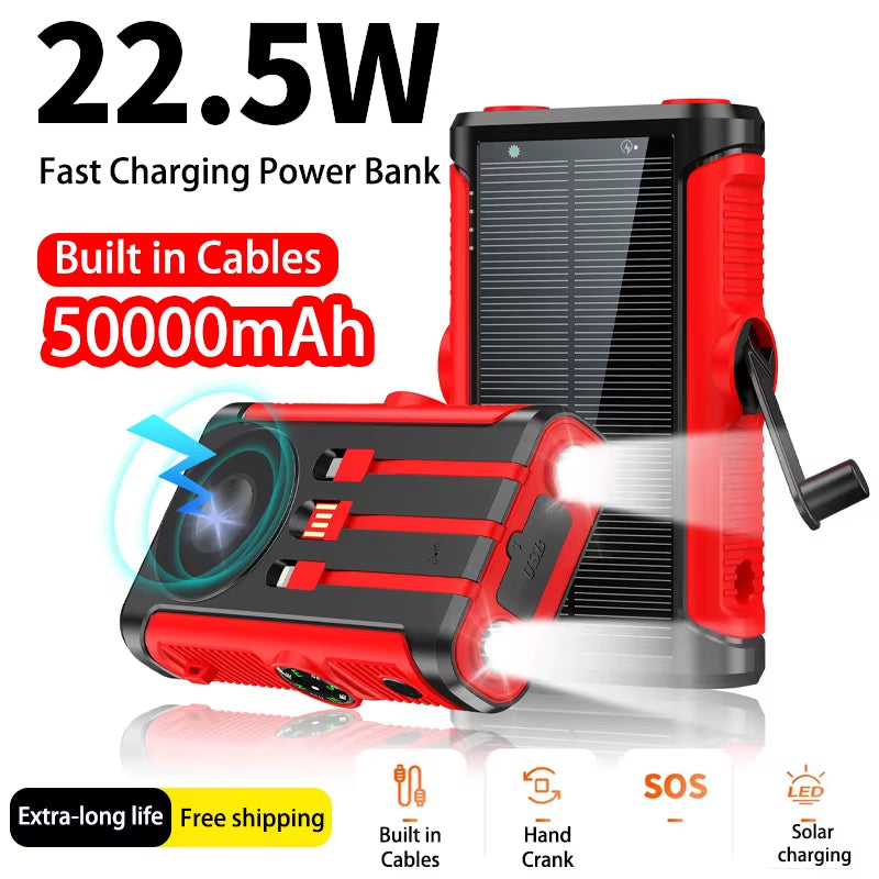 50000Mah Solar Power Bank 22.5W Magnetic Wireless Charging Camping Powerbank with Cables External Battery for Iphone Magsafe